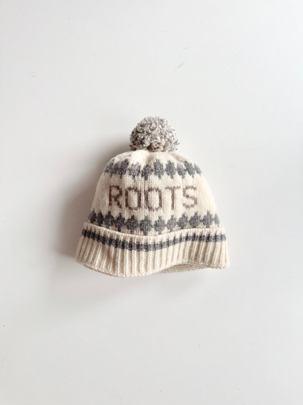 ROOTS CANADA Ivory Wool Blend Intarsia Knit Cuffed Pom Pom Beanie Hat, One Size